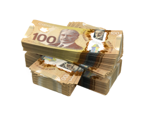 Stacks of hundred dollar Canadian bills.