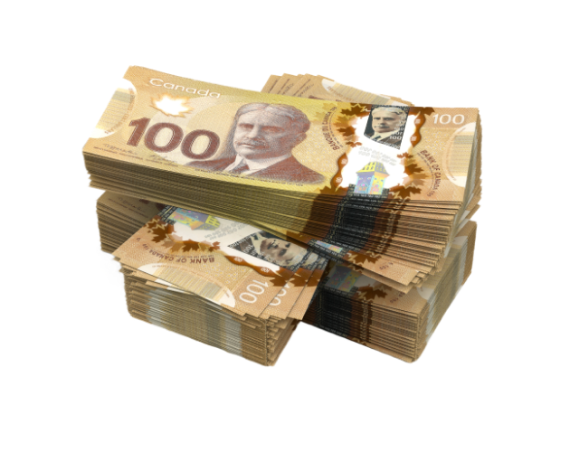 Stacks of hundred dollar Canadian bills.