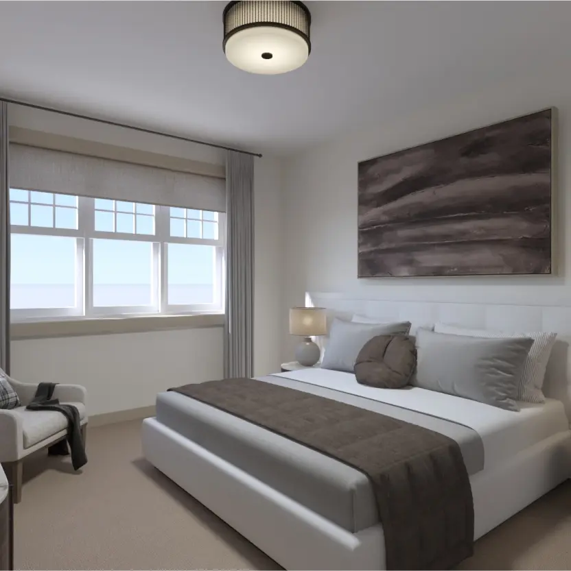 Spacious and inviting main bedroom in a newly constructed home, featuring a plush bed, elegant furnishings, and soft lighting, providing a serene retreat for rest and relaxation