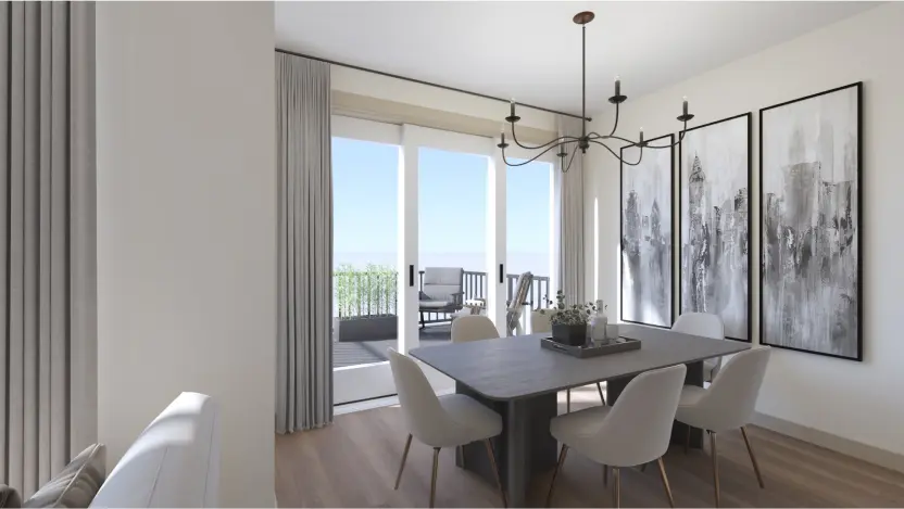Chic and inviting dining room in a newly designed space, featuring a stylish dining table, comfortable chairs, and tasteful decor, creating the perfect ambiance for shared meals and gatherings.