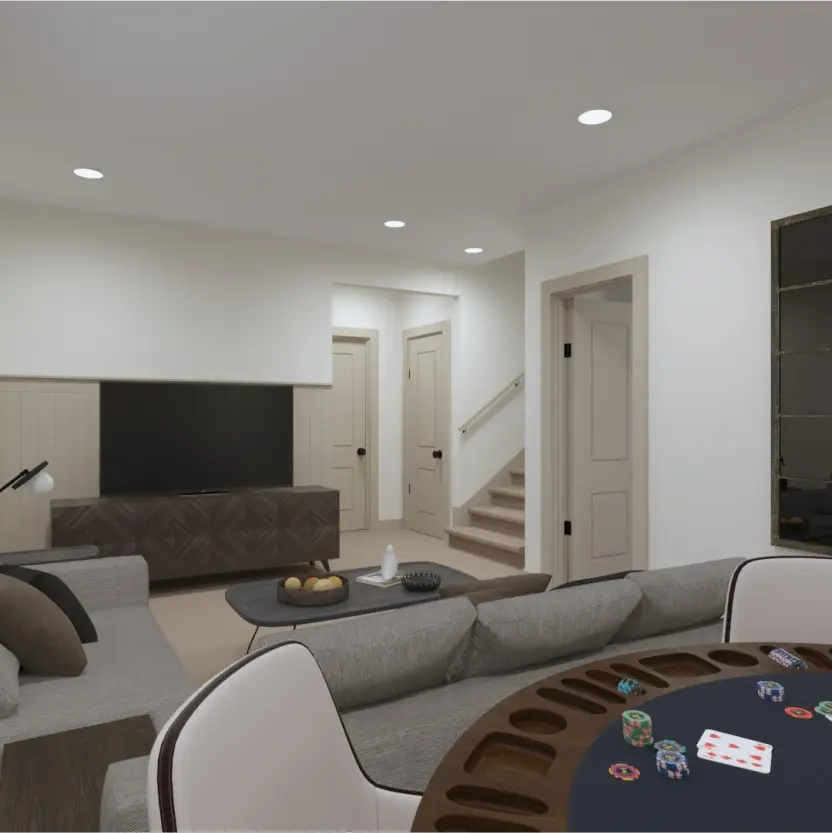 Newly finished basement space featuring versatile layout options, cozy seating areas, and stylish decor, perfect for entertaining guests or unwinding with family in a comfortable and inviting atmosphere.